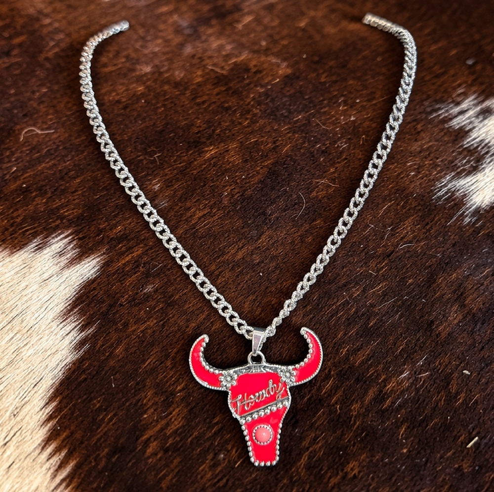 RED ENAMEL STEER HEAD HOWDY NECKLACE - Picture 2 of 6